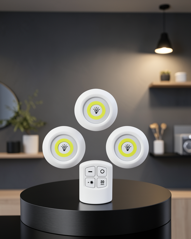 Uzaktan Kumandalı 3 Lü Kablosuz Led Spot Lamba Seti Yapışkanlı Pratik Kullanım