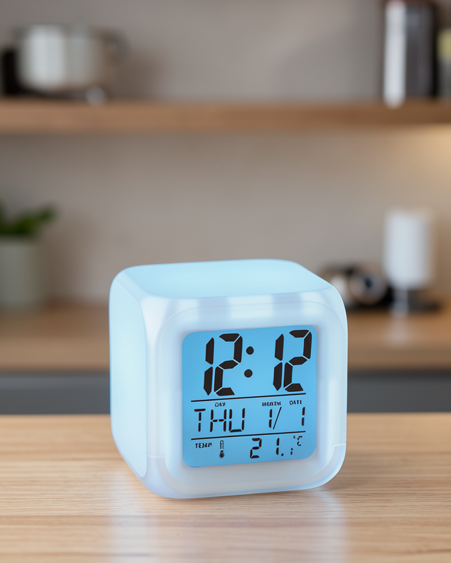 Termometre ve Takvim Özellikli 7 Renk Değiştiren Küp Alarm Saati