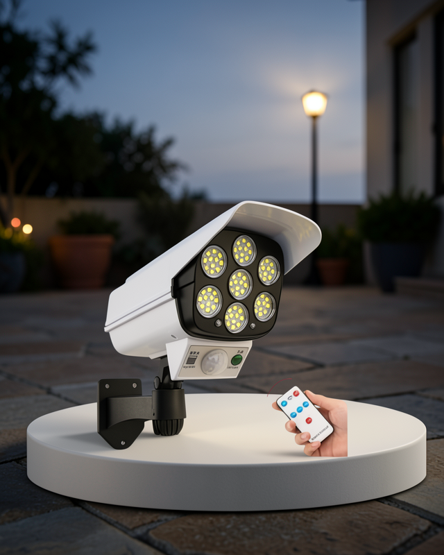 Güneş Enerjili LED Lamba + Güvenlik Kamerası Görünümlü– 5-8 m Hareket Algılamalı, Beyaz Işık