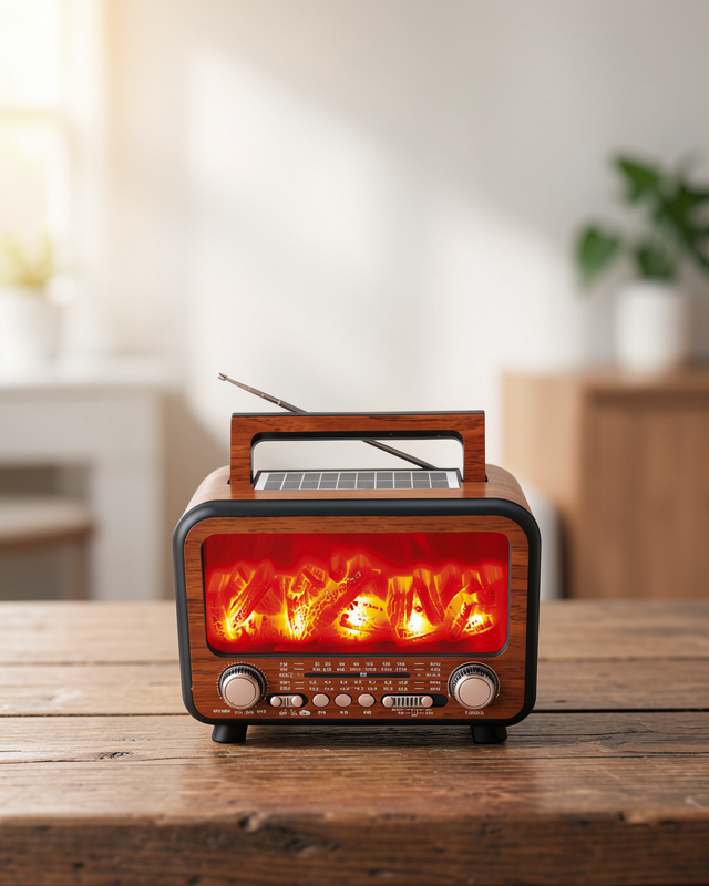 Şömine Alev Işıklı Solar Bluetooth Hoparlör – 7W Güçlü Ses, FM Radyo