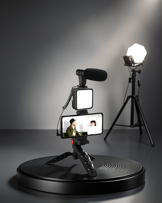 Profesyonel Vlog Çekim Kiti LED Işıklı Tripod Mikrofonlu Telefon Seti