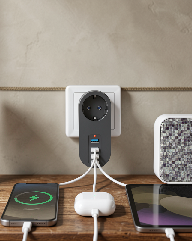 Isıya Dayanıklı 3 USB Portlu Güvenlikli Priz – Akıllı Enerji Yönetimi