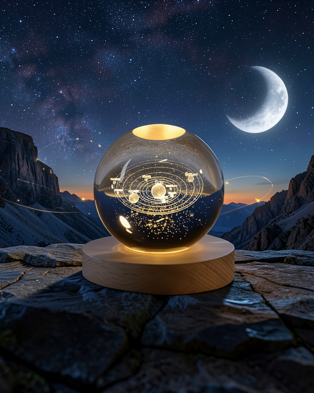Dekoratif LED Kristal Küre Ahşap Altlıklı Şık Gece Lambası