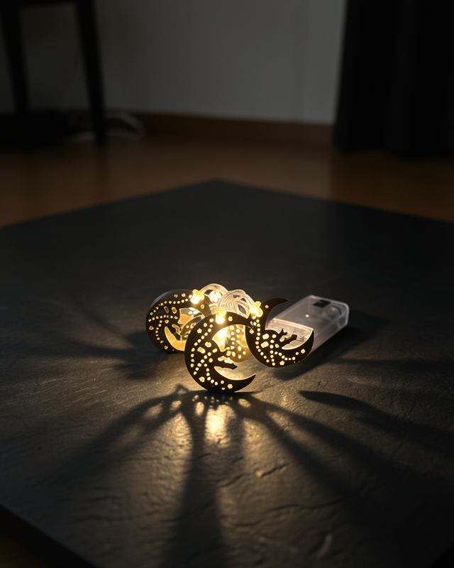 Gold Renk Metal Minareli Hilal LED Işık Pilli Ramazan Süsü