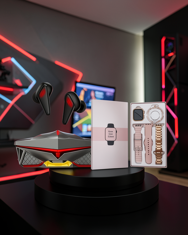 Yeni Nesil Pembe Dokunmatik Ekran Akıllı Saat ve Oyuncu Kulaklığı Kablosuz Bluetooth Kulaklık