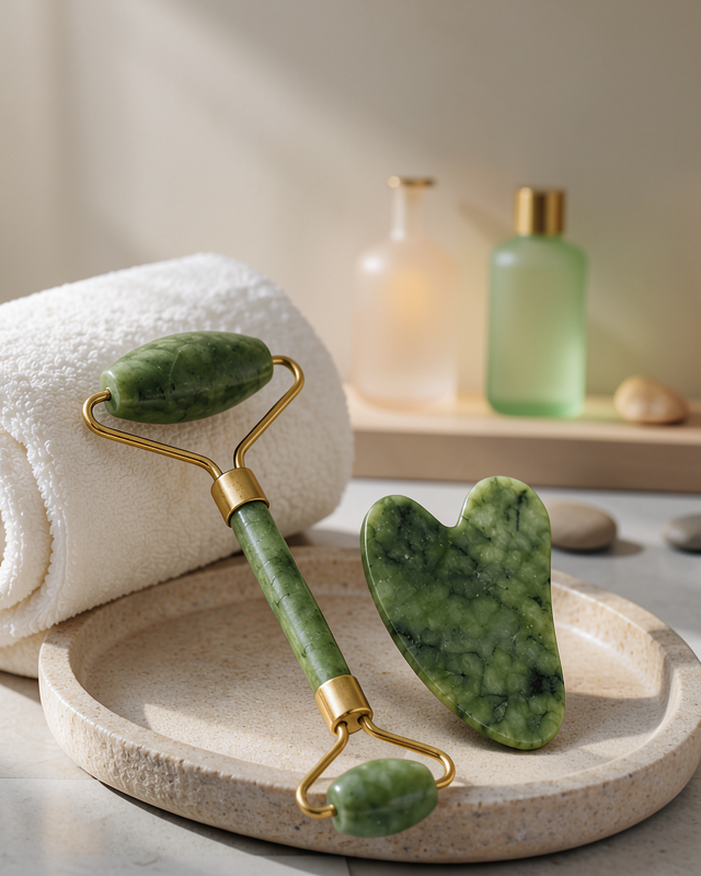 Jade Stone Yüz Bakım Seti Gua Sha ve Roller Masaj Taşı