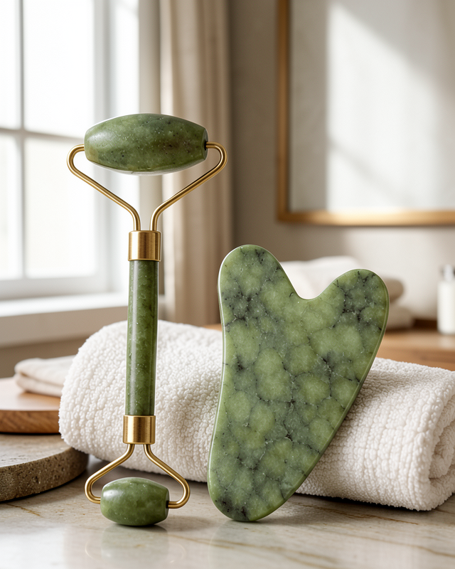 Jade Roller ve Gua Sha Taşı Yüz Bakım Masaj Seti