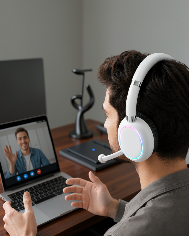 Bluetooth 5.0 Beyaz Kulak Üstü Kablosuz Kulaklık Mikrofonlu RGB Aydınlatmalı