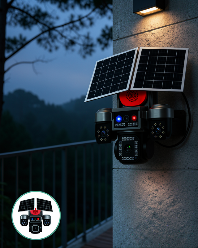Güneş Enerjili 4 Lensli Dış Mekan Güvenlik Kamerası IP66 Su Geçirmez