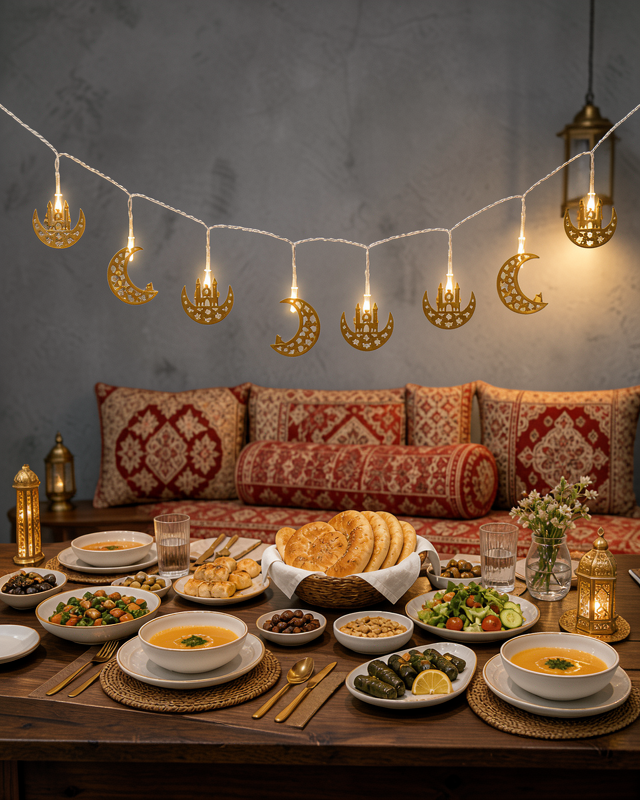 Minareli Hilal LED Işık Gold Metal Gövdeli Pilli Ramazan Dekoru
