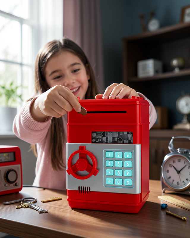 Şifreli Kırmızı ATM Tasarımlı Çelik Kasa Görünümlü Kumbara