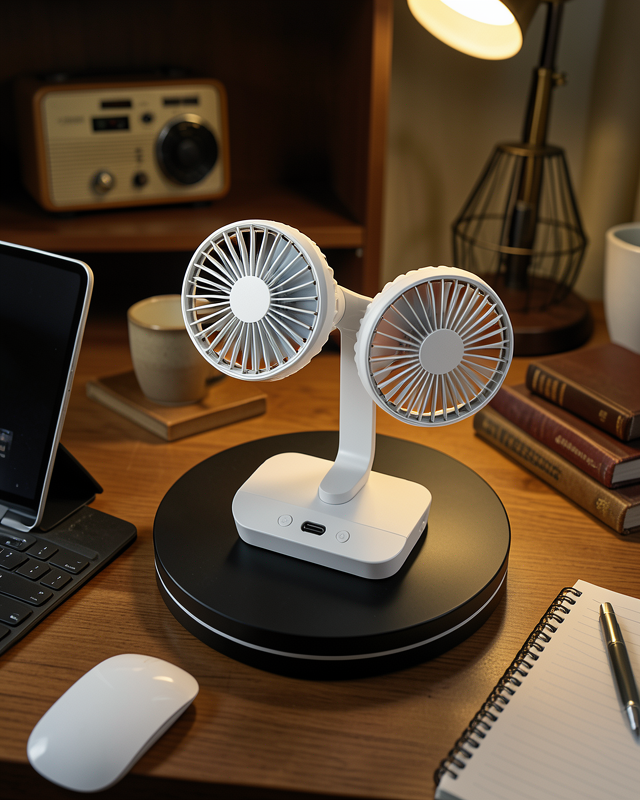 720° Döner Çift Taraflı Masaüstü Vantilatör – USB Şarjlı Sessiz Fan