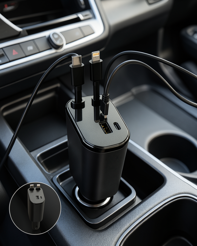 120W Hızlı Şarj Destekli 4'ü 1 Arada Araç Şarj Cihazı Type-C, Lightning, USB ve USB-C Çıkışlı