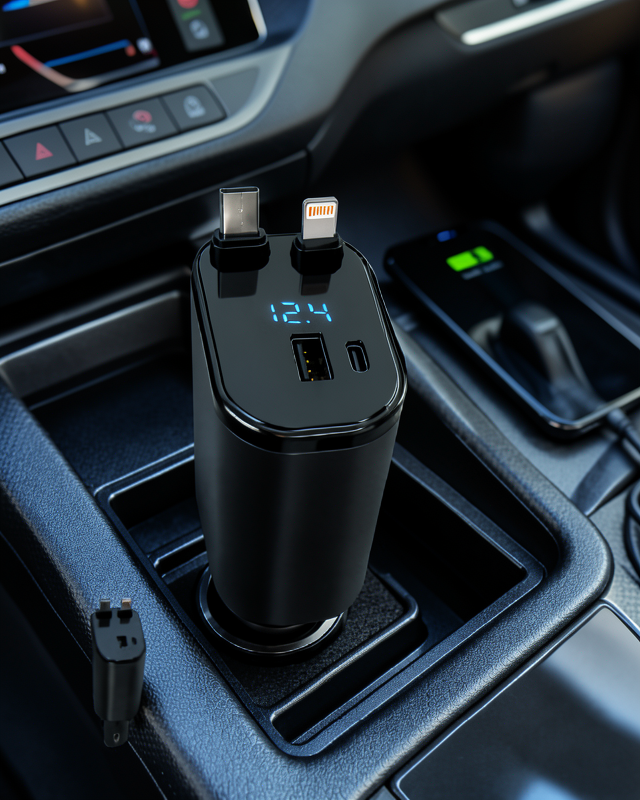 4 Cihazı Aynı Anda Şarj Eden Araç Şarj Cihazı USB-A, USB-C, Type-C ve Lightning Destekli