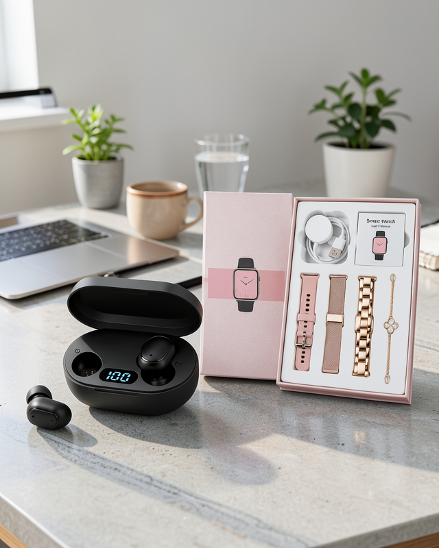 Nabız Ölçer Hediye Bileklikli Akıllı Saat ve Dijital Göstergeli Bluetooth Kulaklık Çoklu Şarj Girişi
