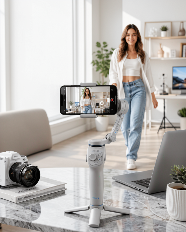 Yapay Zeka Takipli Telefon Gimbali Katlanabilir Tripod Bluetooth Kontrollü Dahili LED Işıklı