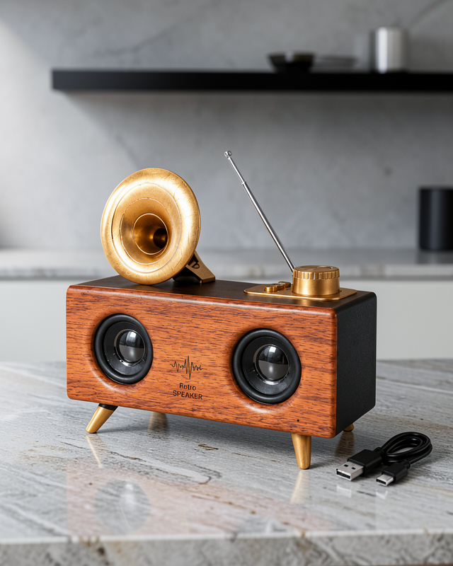 Retro Gramofon Tasarımlı Bluetooth Hoparlör – 3D Stereo Ses, 1800 mAh Batarya