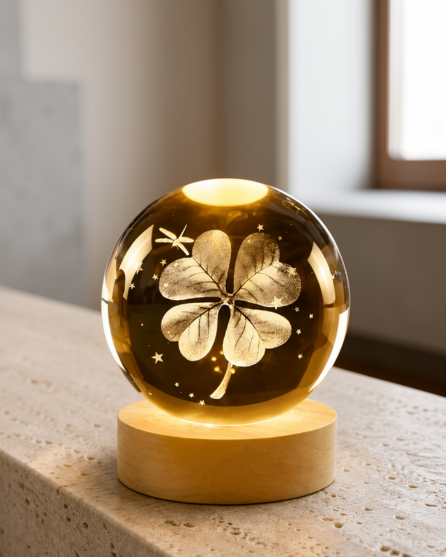 Bitki Temalı LED Işıklı Cam Küre Ahşap Standlı Modern Gece Lambası