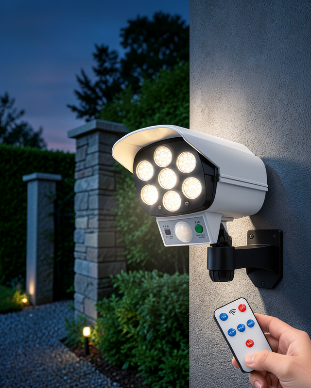 77 LED'li Güneş Enerjili Güvenlik Lambası ve Kukla Kamera – Hareket Sensörlü, 2400mAh Pilli