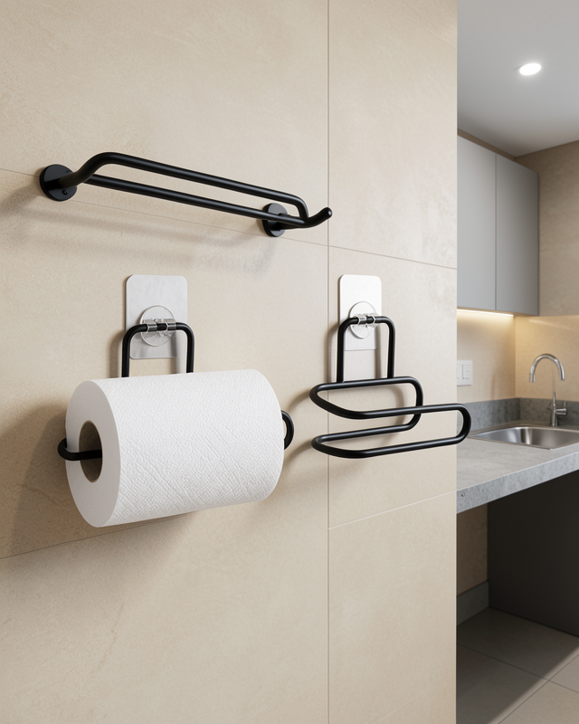 2’li Siyah Metal Rulo Kağıt Tutucu Yapışkanlı Banyo ve Mutfak Kağıtlık