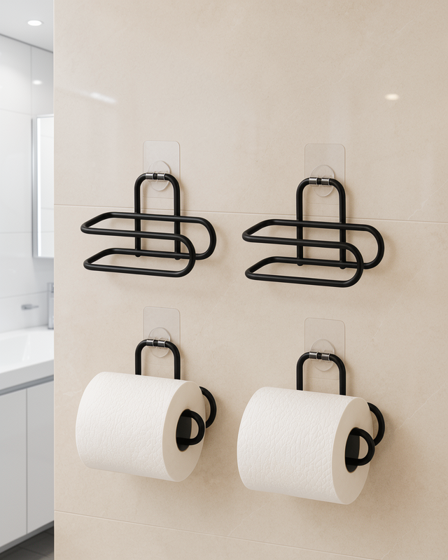 Siyah 4 Adet Metal Tuvalet Kağıdı Tutucu Kendinden Yapışkanlı Delmeden Montaj Banyo Askısı
