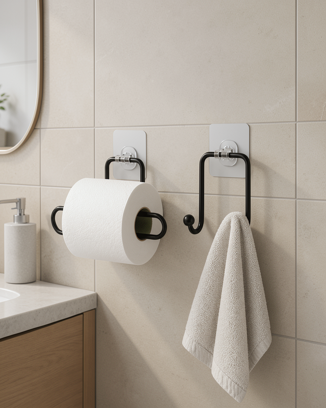2’li Yapışkanlı Banyo Düzenleme Seti Rulo Kağıt Tutucu ve Havlu Askılığı