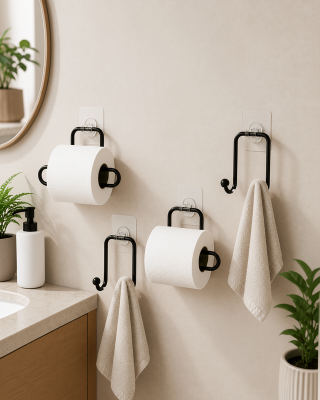 Yapışkanlı Banyo Düzenleme Seti 2 Rulo Tutucu 2 Havlu Askılığı 4 Parça