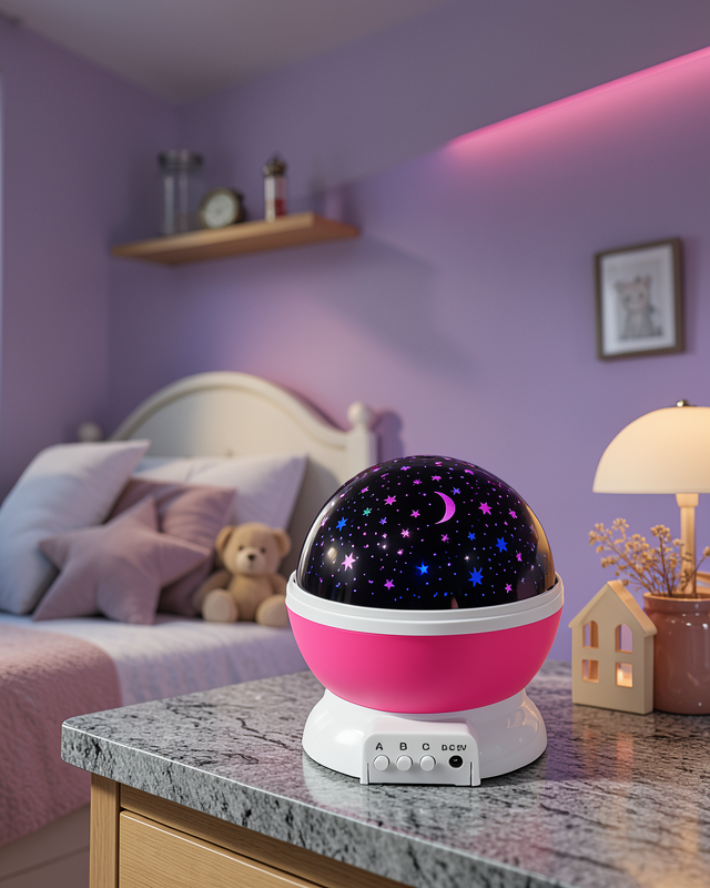 Pembe Döner Yıldız Projektörü USB ve Pilli Kullanımlı Gece Lambası