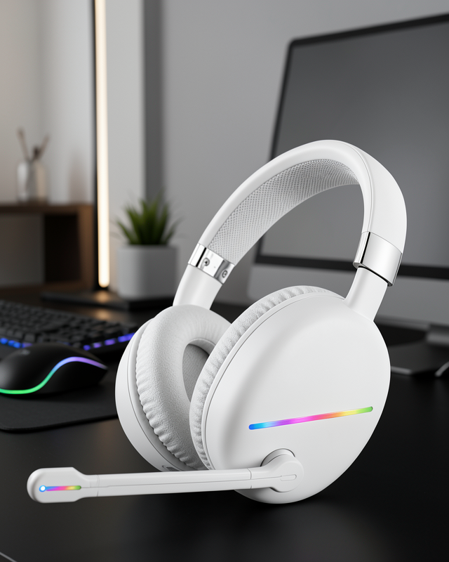 Bluetooth 5.0 Beyaz Kulak Üstü Kablosuz Kulaklık Mikrofonlu RGB Aydınlatmalı