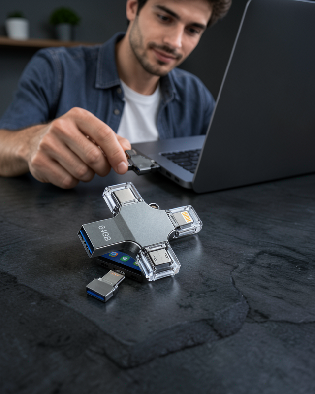 Tek Ürünle Birden Fazla Cihazda Kullanım Sunan 64GB Lightning Type C USB MicroUSB Girişli Flash Bellek