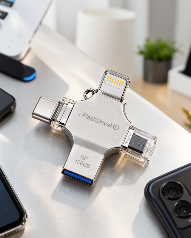 128GB 4’lü Girişli Flash Bellek Lightning Type-C USB-A MicroUSB Telefon Tablet Bilgisayar Uyumlu