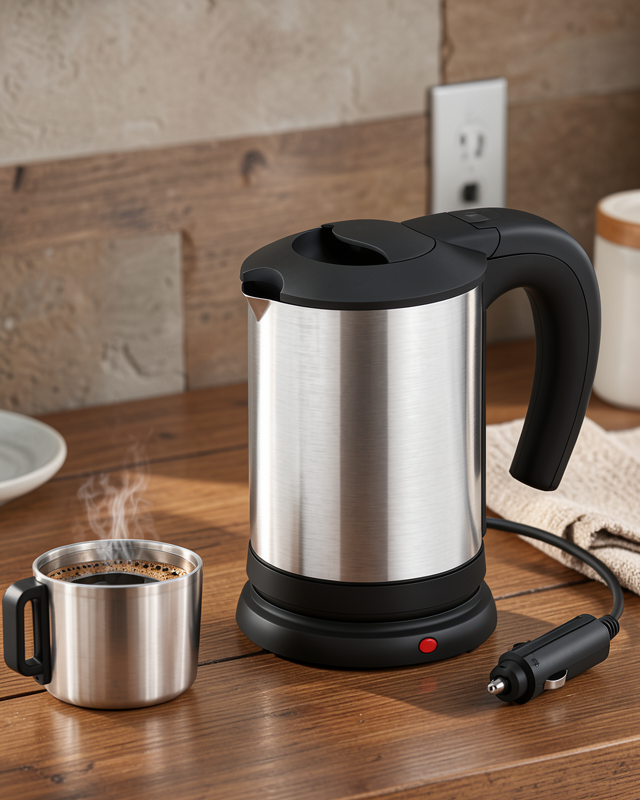 12V Araç Çakmak Girişli Paslanmaz Çelik Araç İçi Su Isıtıcı Seyahat Tipi Kettle