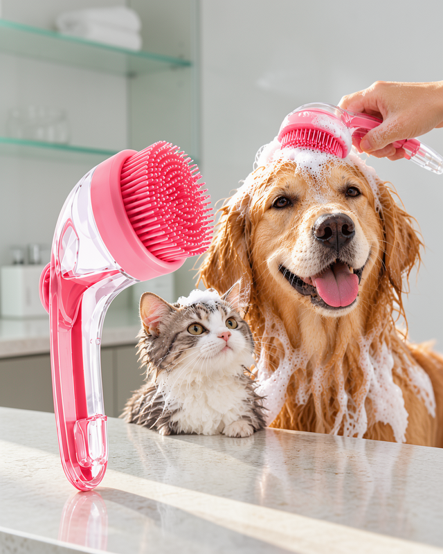 Şampuan Hazneli Silikon Pet Yıkama Fırçası Kedi ve Köpekler İçin Pratik Banyo Tarağı