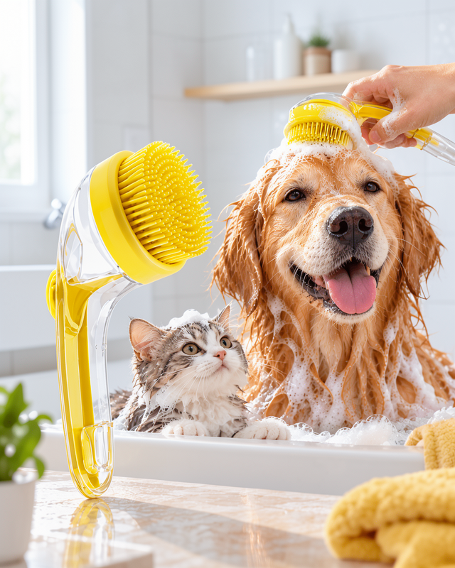 Kedi Köpek Banyo ve Masaj Fırçası Şampuan Hazneli Yumuşak Silikon Uçlu Yıkama Aparatı
