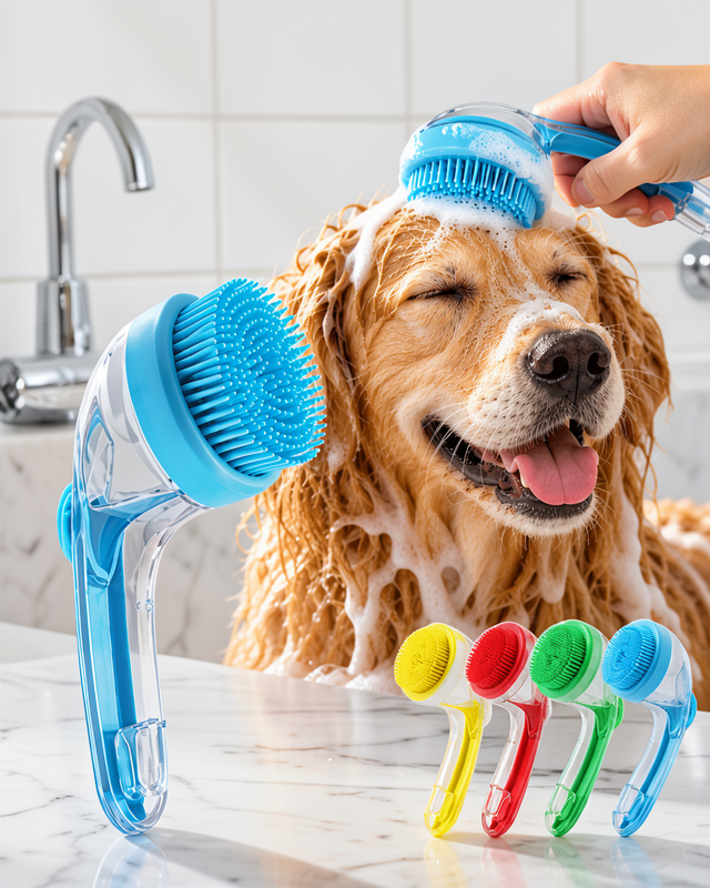 1. Yumuşak Silikon Uçlu Pet Banyo Fırçası Şampuan Hazneli Kedi Köpek Yıkama ve Masaj Tarağı