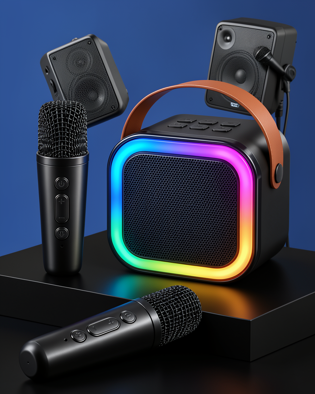 Çift Kablosuz Mikrofonlu LED Işıklı Bluetooth Karaoke Hoparlör Seti