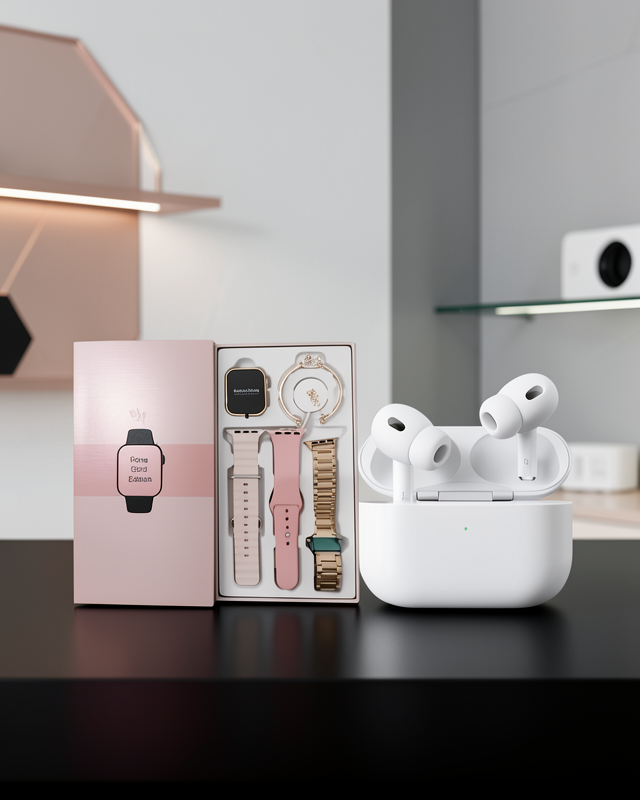 3 Kordonlu Pembe Amoled Ekran Akıllı Saat ve Yeni Nesil Pro Kablosuz Bluetooth Kulaklık ANC/ENC
