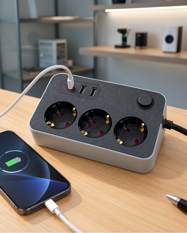 Masaüstü Kullanıma Uygun Anahtarlı USB ve Type C Çıkışlı Termal Akım Korumalı Priz