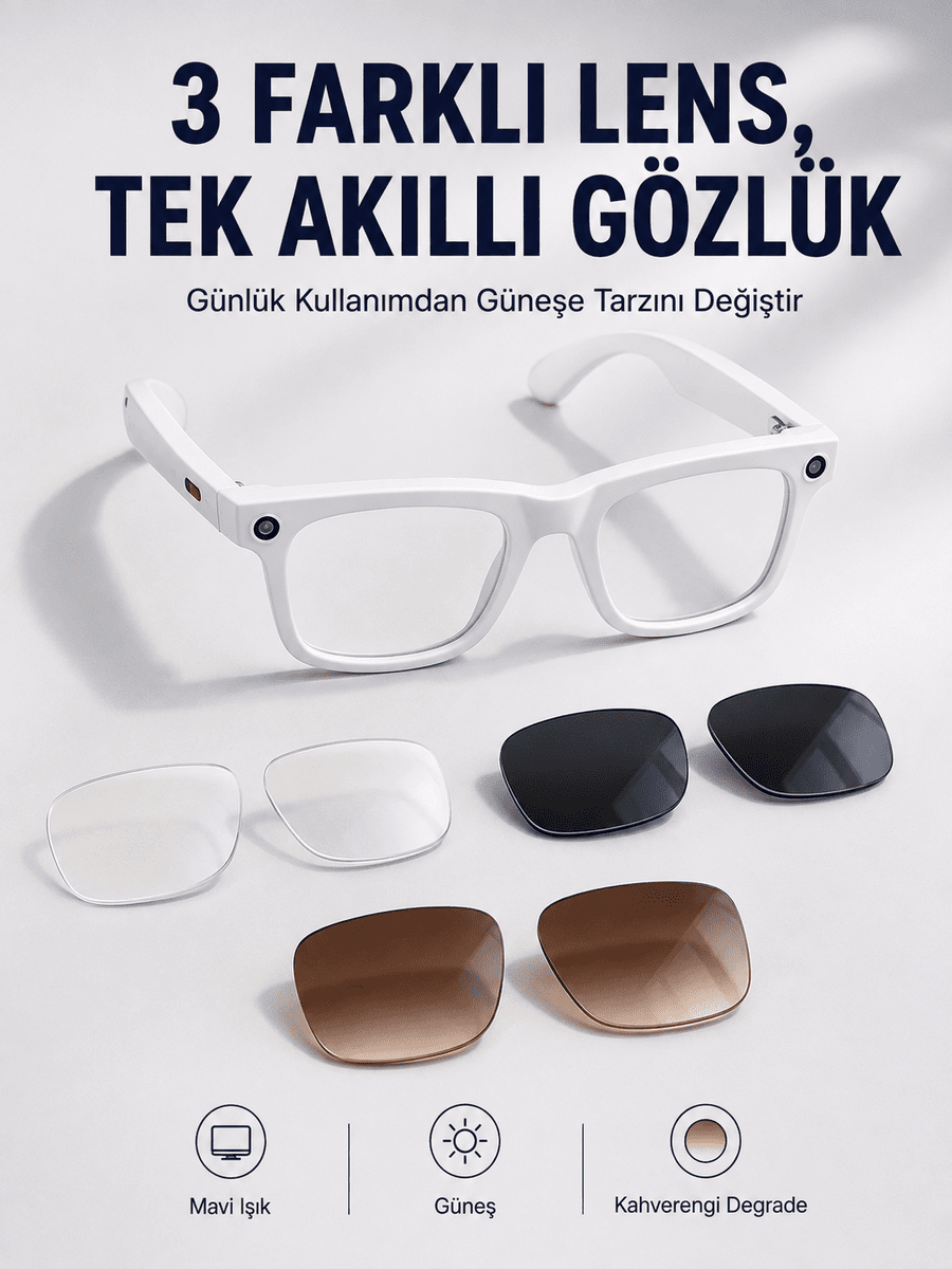 Yapay Zeka Destekli Akıllı Gözlük Dahili Kameralı Bluetooth Müzik ve Arama Özellikli Ses Kontrollü Değiştirilebilir Lensli