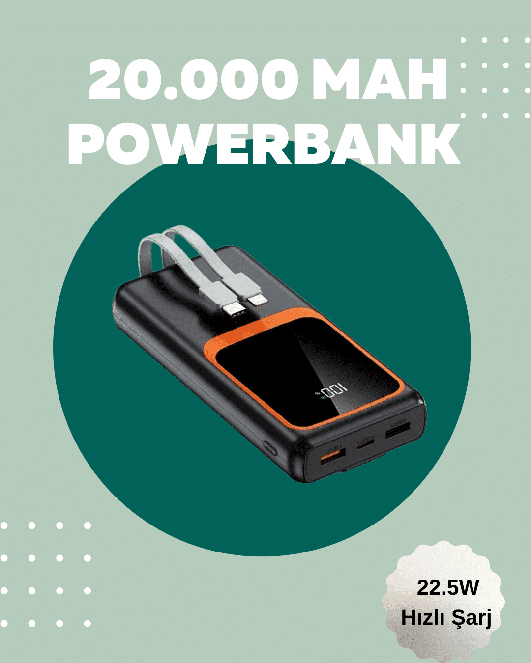 Dijital Ekranlı 20.000 mAh Powerbank | 22.5W Hızlı Şarj + Çoklu Bağlantı Seçeneği