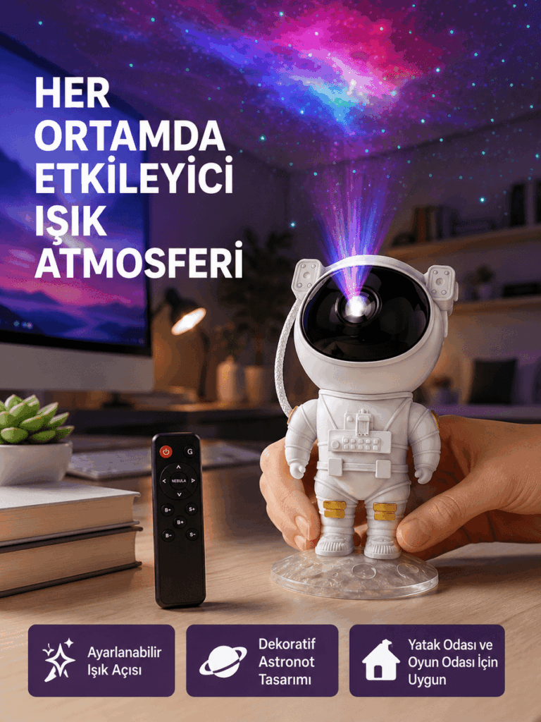 Astronot Yıldız Projeksiyon Lambası 8 Efektli Uzaktan Kumandalı Gece Işığı