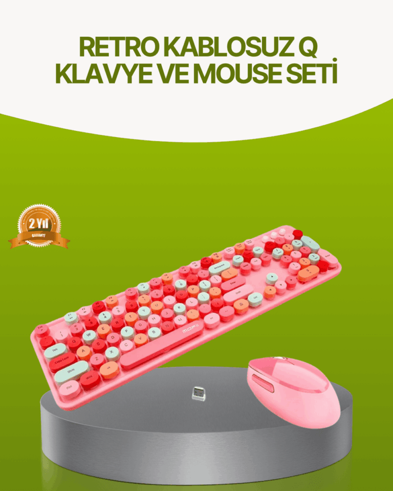 Bluetooth Retro Kablosuz Klavye ve Mouse Seti – 3 Cihaz Bağlantılı, Sessiz Tuş, Uzun Pil Ömrü