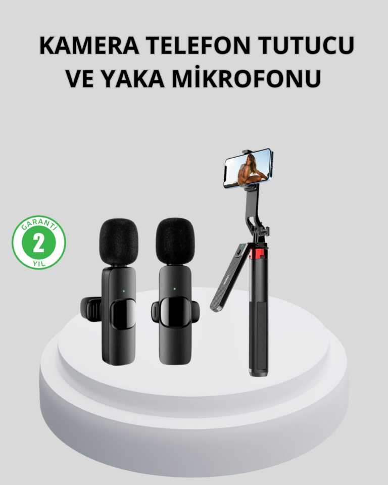 Kablosuz Çift Yaka Mikrofonu ve Tripodlu Selfie Çubuğu İçerik Üretici Seti