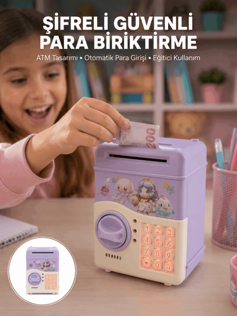 Çocuklar İçin Elektronik Şifreli Para Biriktirme Kumbarası Mor