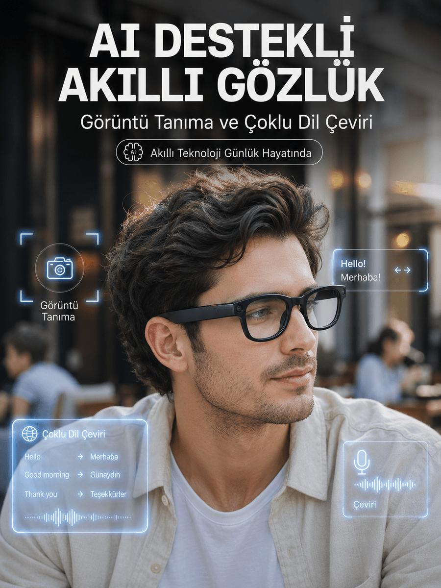 Siyah 3 Lensli Akıllı Kamera Gözlüğü 8 MP Fotoğraf Video Çekim AI Görüntü Tanıma Bluetooth Dokunmatik Kontrollü