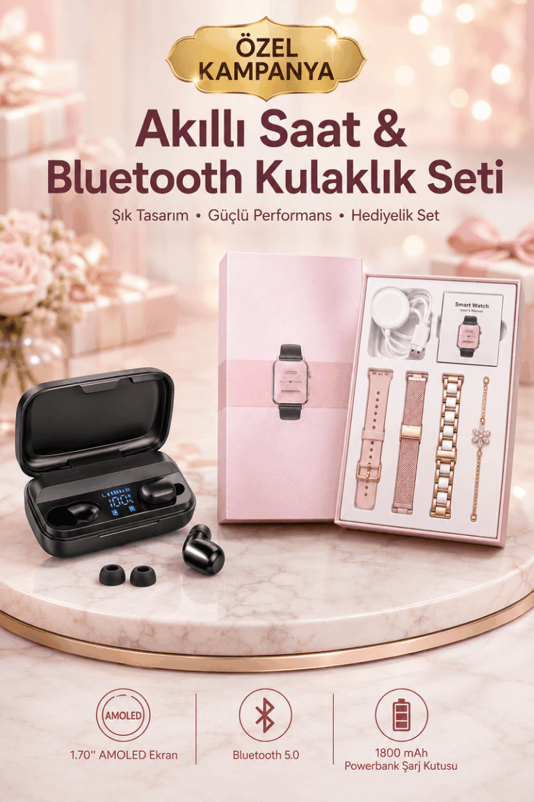 Aksesuar Hediyeli Akıllı Saat ve Dijital Göstergeli Powerbankli Bluetooth Kulaklık