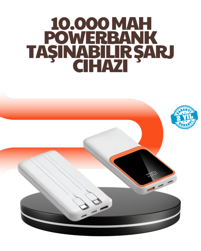 Taşınabilir 10000 mAh Powerbank – Dijital Göstergeli, Type-C ve USB Çıkışlı
