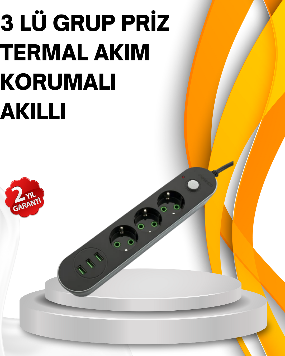 Hızlı Şarj Özellikli 3 USB Girişli Üçlü Priz