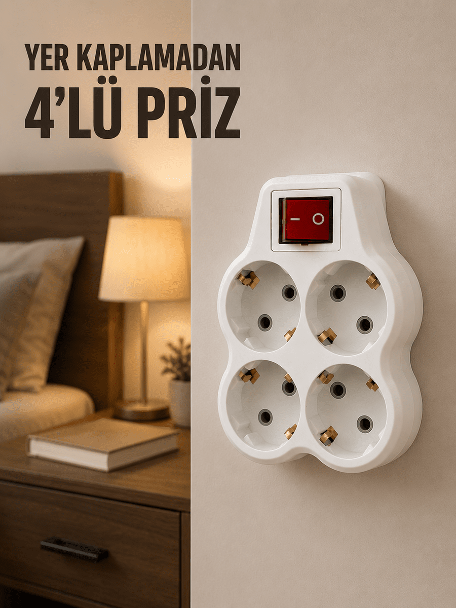 4’lü Priz Çoğaltıcı Açma Kapama Anahtarlı Kablosuz Duvar Tipi Priz Adaptörü