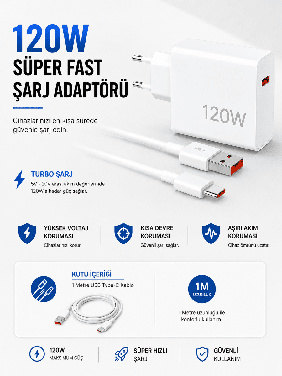 Turbo 120W Hızlı Şarj Cihazı Type-C Kablolu